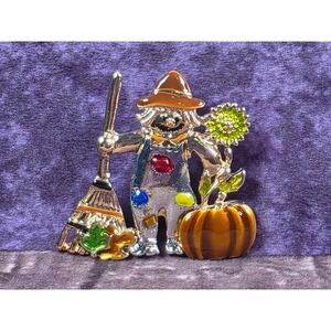 Fall Scarecrow Pin with Broom Pumpkin Sunflower Halloween Harvest Brooch